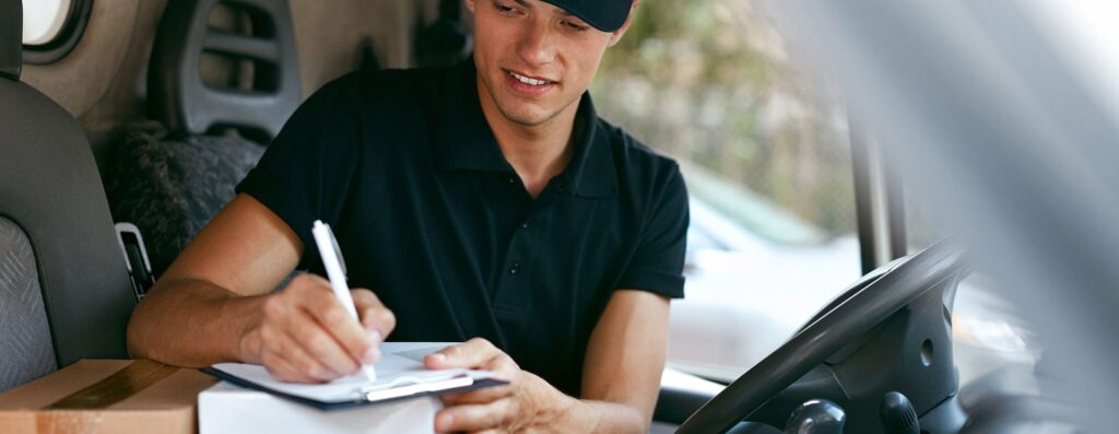 WHG Lancaster Delivery driver signing for parcel